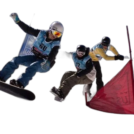 three, snowboarders, racing, down transparent PNG cut-out