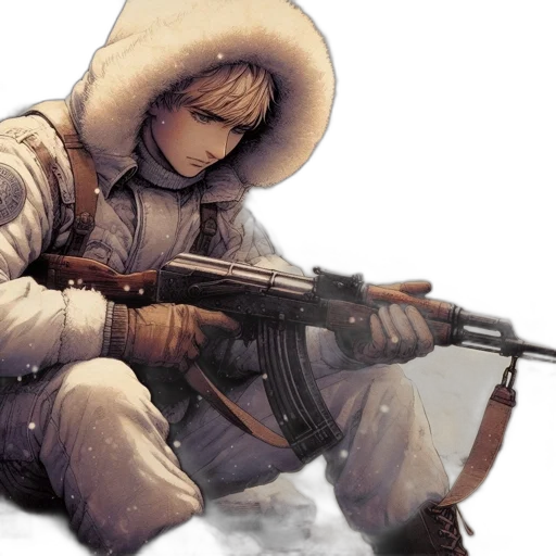 weapon, jacket, staff, hat transparent PNG cut-out