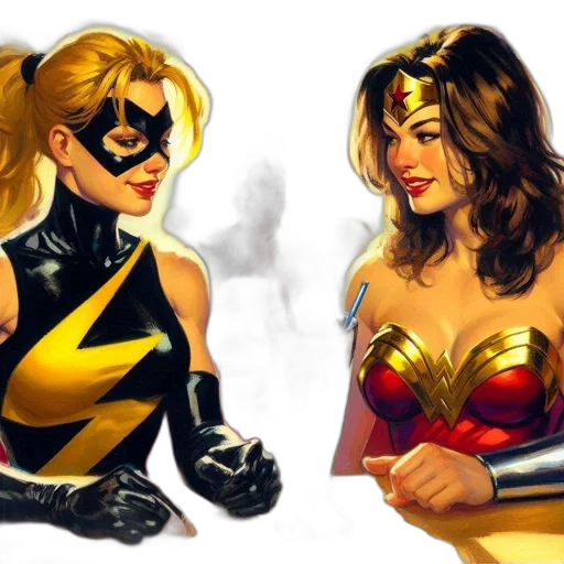 comic book art, concept art, two, superheroines transparent PNG cut-out