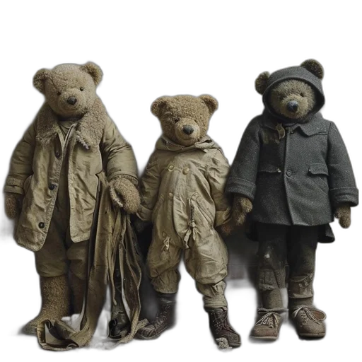 three, vintage-dressed, teddy, bears transparent PNG cut-out