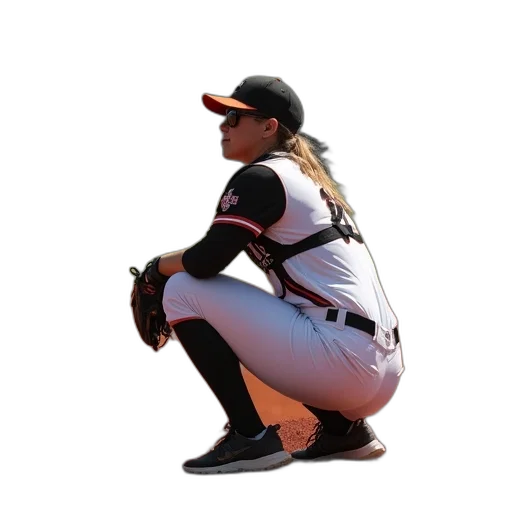 softball, player, crouches, field transparent PNG cut-out