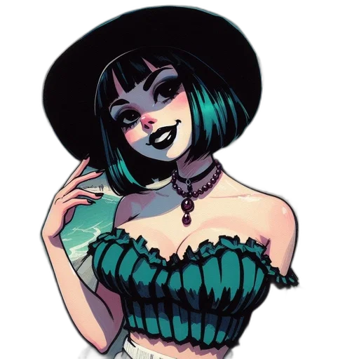 dress, hat, jewelry, comic book art transparent PNG cut-out