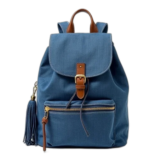 blue, denim, backpack, fringed transparent PNG cut-out