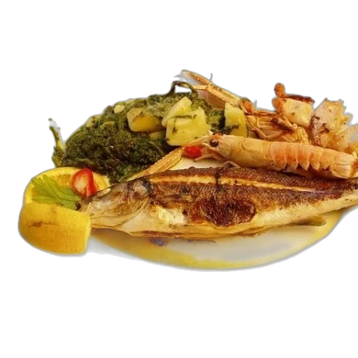 food, photorealistic, plate, fish transparent PNG cut-out