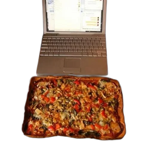 food, laptop, sits, desk transparent PNG cut-out