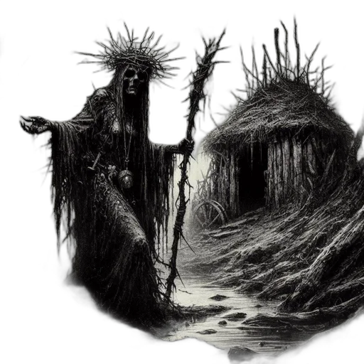 creature, hair, crown, staff transparent PNG cut-out