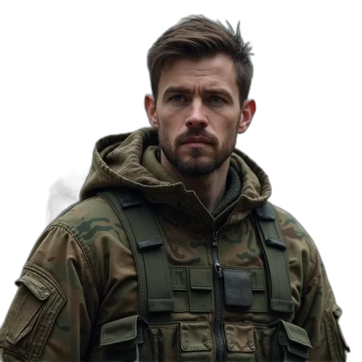 jacket, face, staff, weapon transparent PNG cut-out