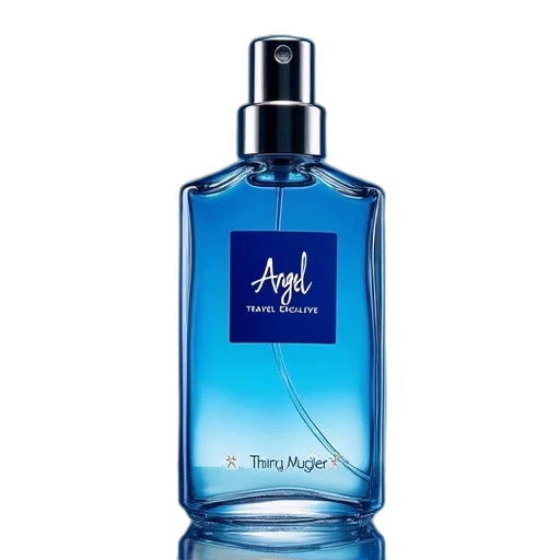 bottle, perfume, blue, label transparent PNG cut-out