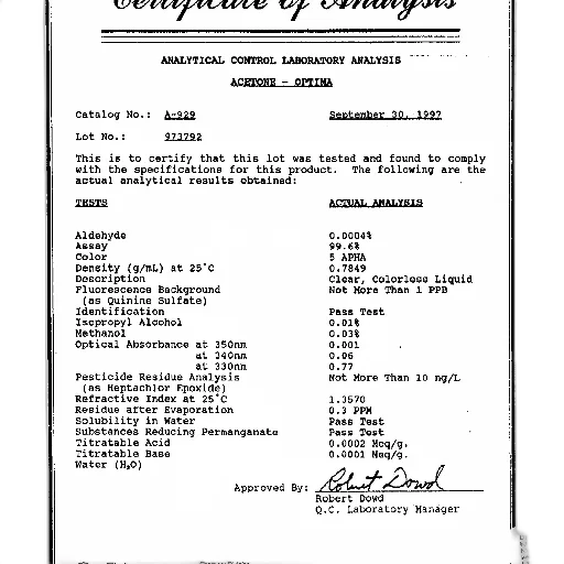 certificate, analysis, acetone, optima transparent PNG cut-out