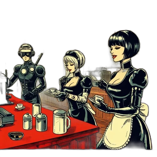 robot, staff, comic book art, cyberpunk transparent PNG cut-out