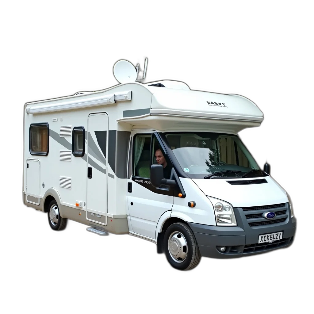 3d render, white, motorhome, parked transparent PNG cut-out