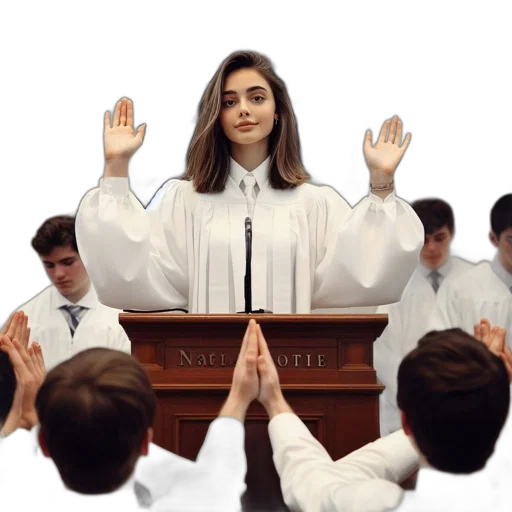 young, woman, stands, podium transparent PNG cut-out