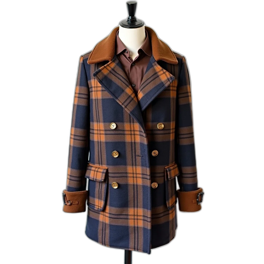 jacket, brown, blue, plaid transparent PNG cut-out