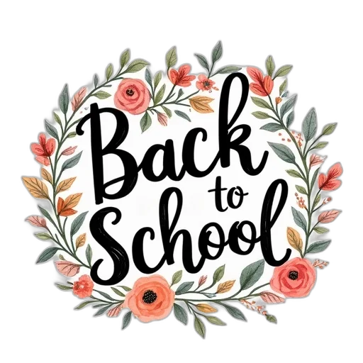 back, school, inscription, floral transparent PNG cut-out