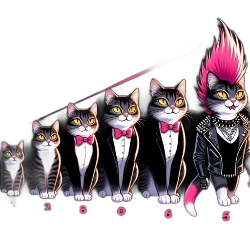 concept art, five, cats, progressively transparent PNG cut-out