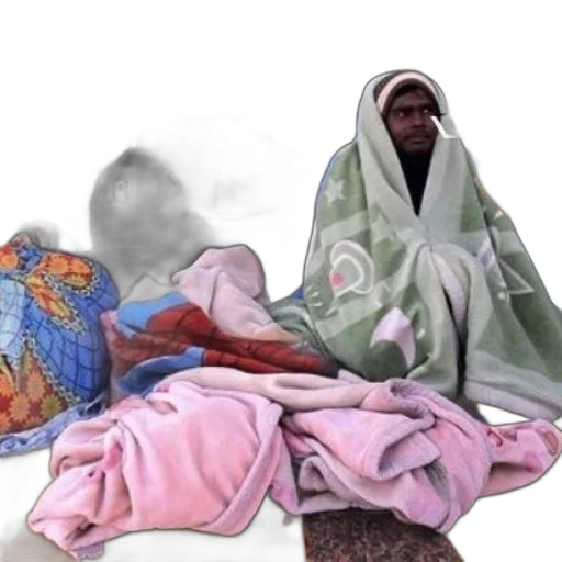 person, wrapped, blanket, sits transparent PNG cut-out