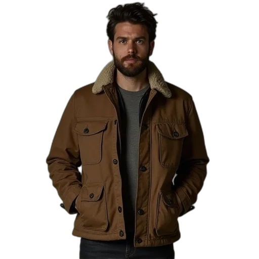 jacket, earth tones, model, wears transparent PNG cut-out