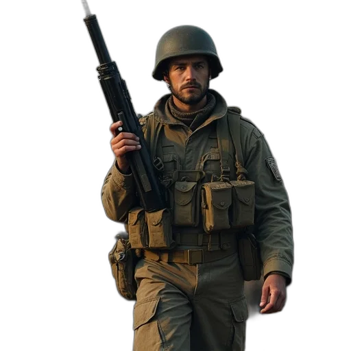 weapon, staff, jacket, hat transparent PNG cut-out