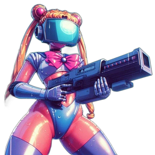robot, weapon, cyberpunk, vaporwave transparent PNG cut-out