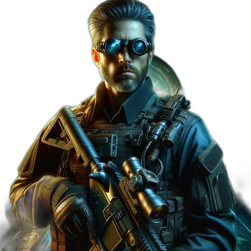 weapon, jacket, face, staff transparent PNG cut-out