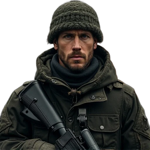 jacket, weapon, face, hat transparent PNG cut-out