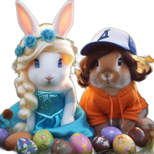two, anthropomorphic, rabbits, one transparent PNG cut-out