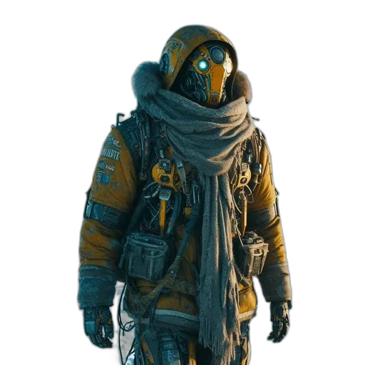 jacket, mask, staff, creature transparent PNG cut-out