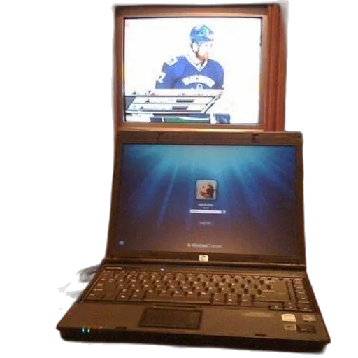 laptop, blue, screen, sits transparent PNG cut-out