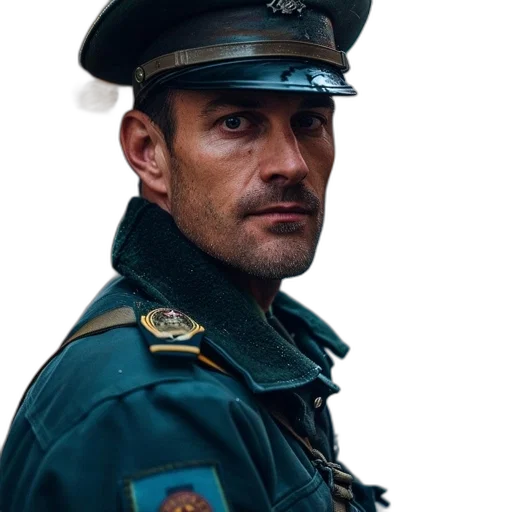 staff, face, hat, jacket transparent PNG cut-out