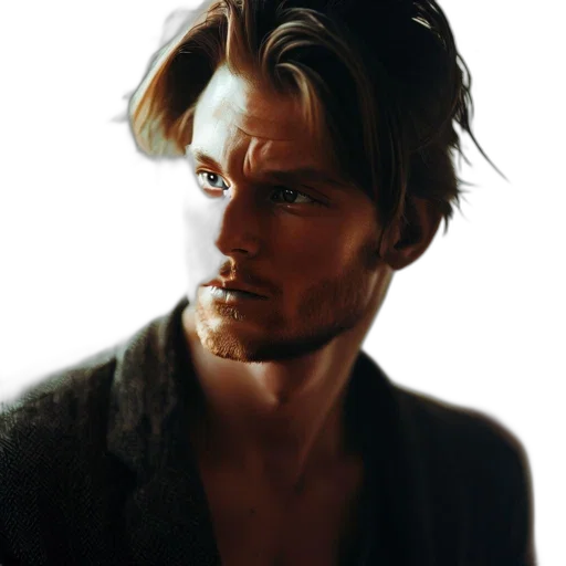 face, hair, jacket, photorealistic transparent PNG cut-out