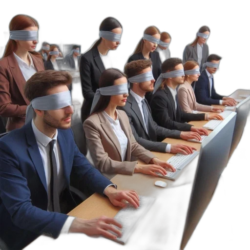 office, setting, several, blindfolded transparent PNG cut-out