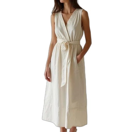 dress, earth tones, belted, midi transparent PNG cut-out