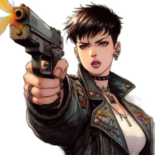 weapon, jacket, comic book art, cyberpunk transparent PNG cut-out