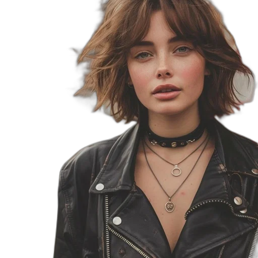 jacket, jewelry, hair, face transparent PNG cut-out