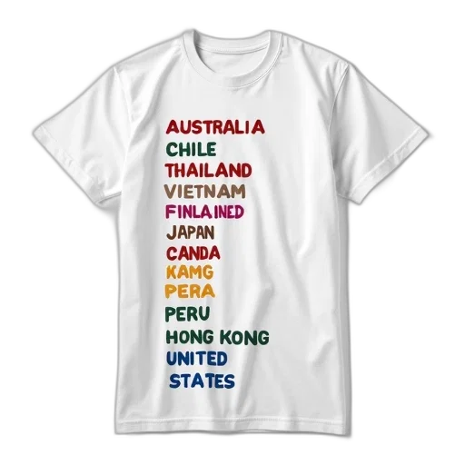 white, t-shirt, list, countries transparent PNG cut-out