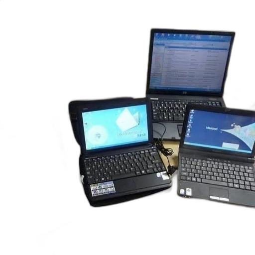 four, laptops, desk, one transparent PNG cut-out
