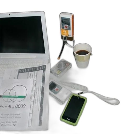 laptop, sits, table, cup transparent PNG cut-out