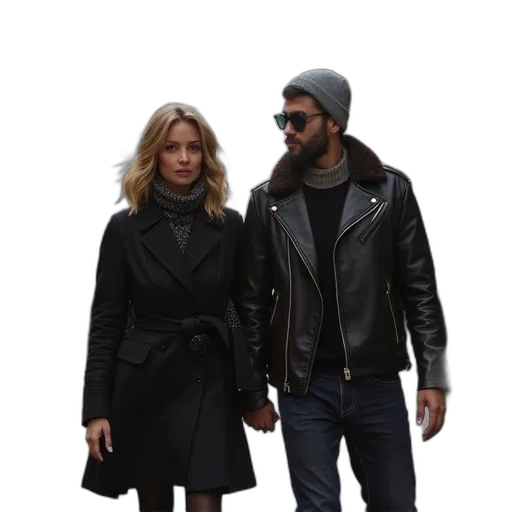 jacket, snow, city street, dark transparent PNG cut-out