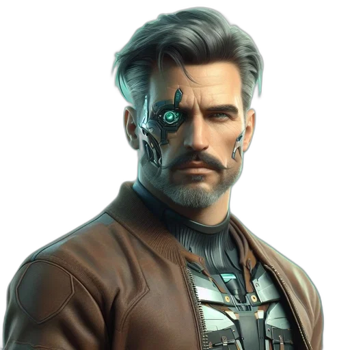 face, jacket, staff, robot transparent PNG cut-out