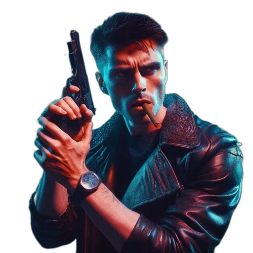 jacket, weapon, face, cyberpunk transparent PNG cut-out