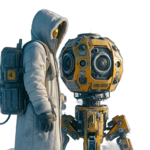 robot, jacket, weapon, staff transparent PNG cut-out