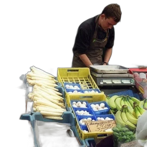 food, man, apron, stands transparent PNG cut-out