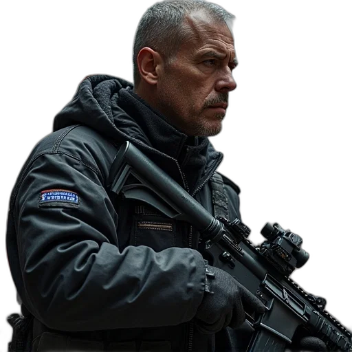 jacket, weapon, face, concept art transparent PNG cut-out