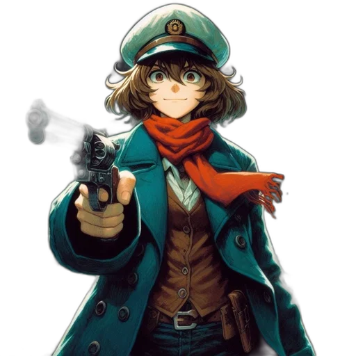 weapon, jacket, staff, hat transparent PNG cut-out