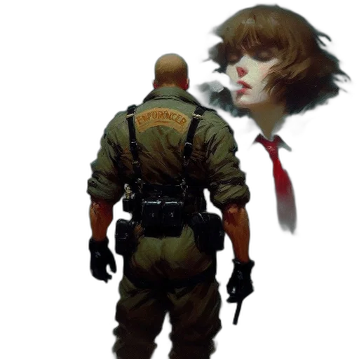 jacket, face, creature, weapon transparent PNG cut-out