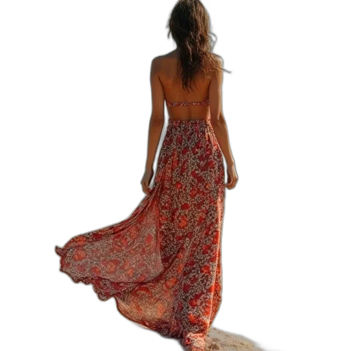 dress, red, printed, backless transparent PNG cut-out