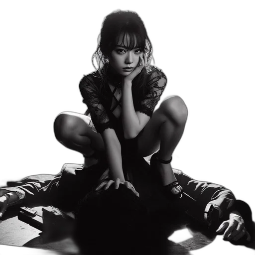 photorealistic, young, woman, leans transparent PNG cut-out