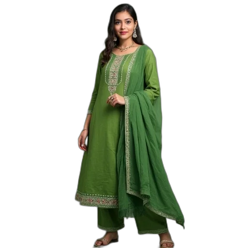 dress, green, earth tones, cotton transparent PNG cut-out
