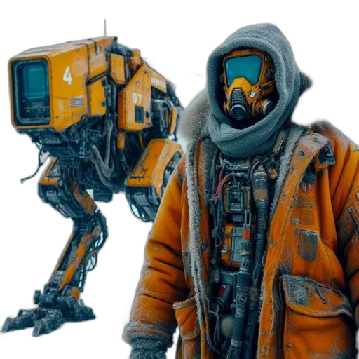 robot, jacket, creature, weapon transparent PNG cut-out