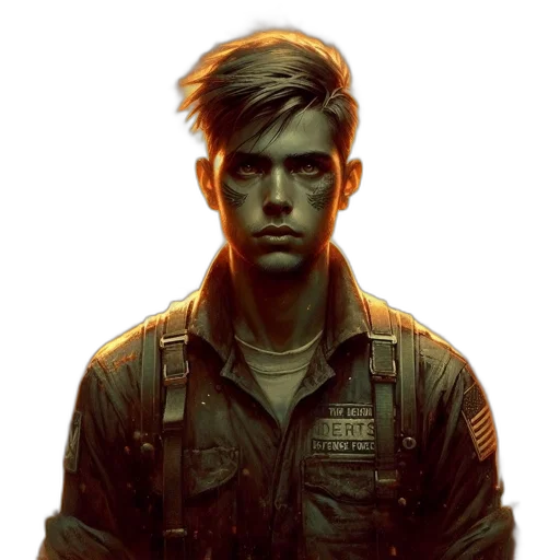 jacket, face, staff, weapon transparent PNG cut-out
